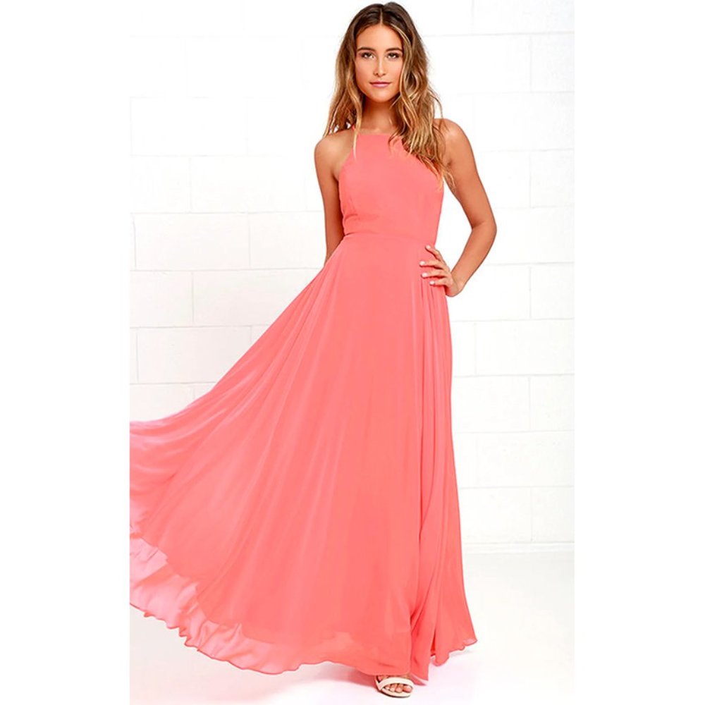 NWT Lulus Mythical Kind of Love Coral Pink Maxi Dress Chiffon Strappy Open Back